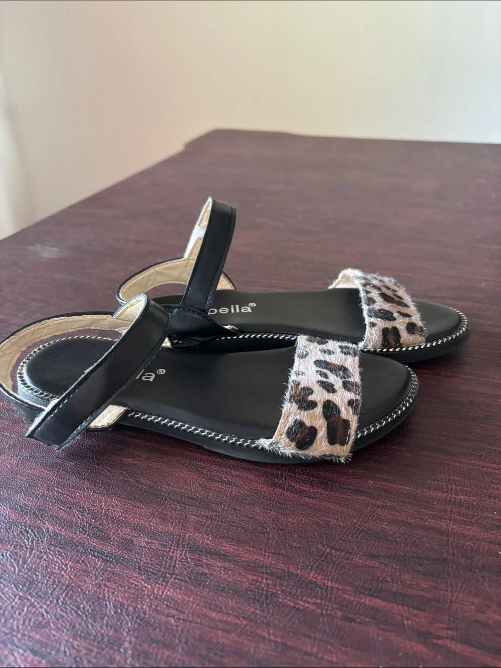 Abeila Girls' Black Sandals with Leopard Print Front Strap